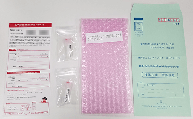 検査申込用紙、検体2つ、ピンクのプチプチ袋、返送用封筒